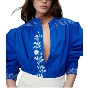 Zara Boxy Cropped Royal Blue Button-down Embroidered Shirt Size M